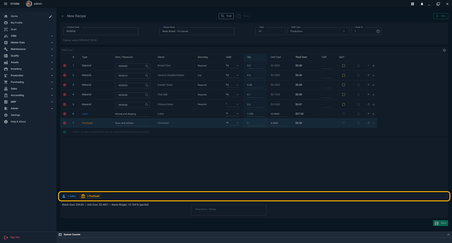 Recipe editor with Labor and Overhead actions highlighted