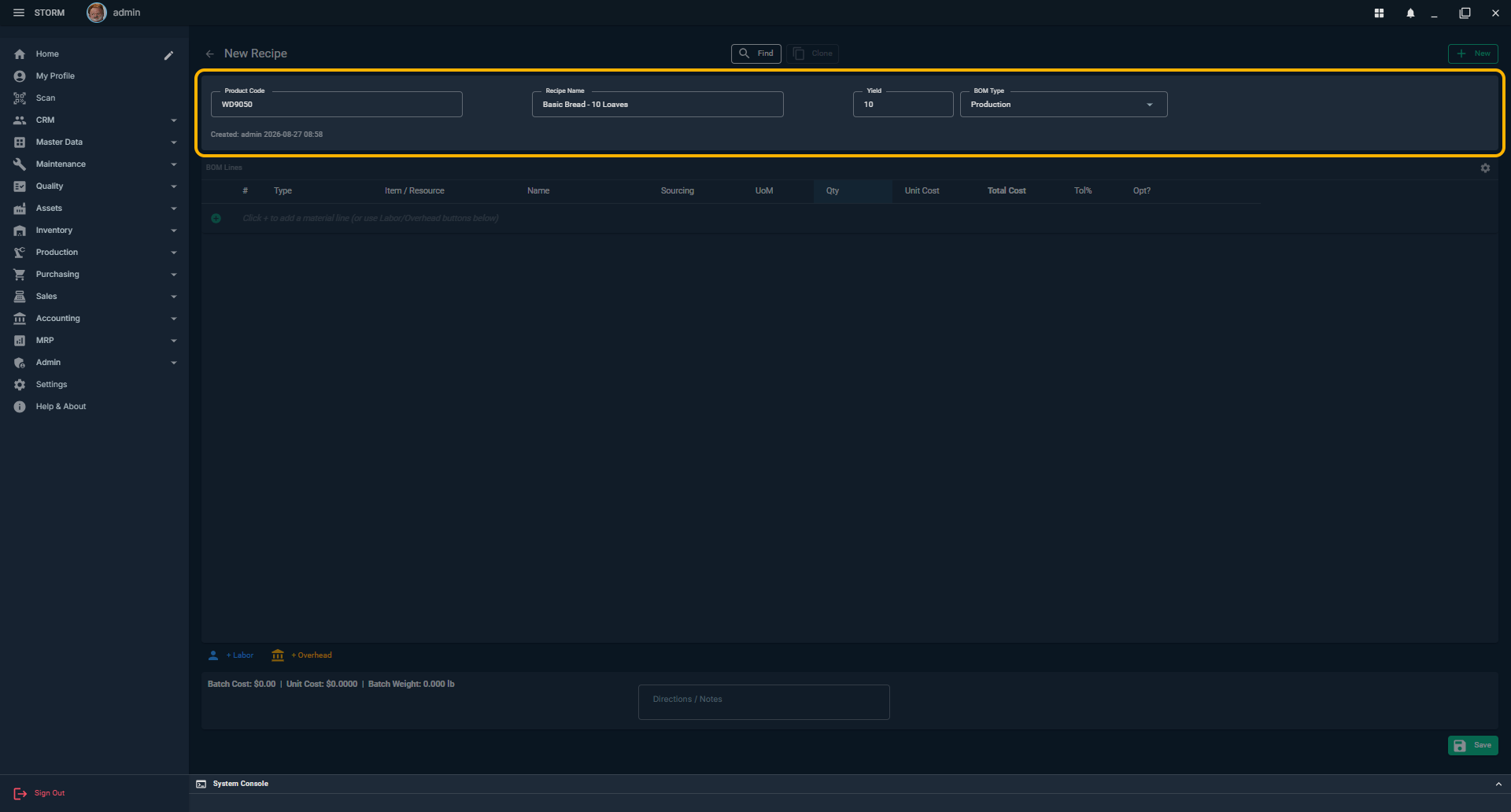 New bread recipe with Product Code, Recipe Name, Yield, and BOM Type highlighted