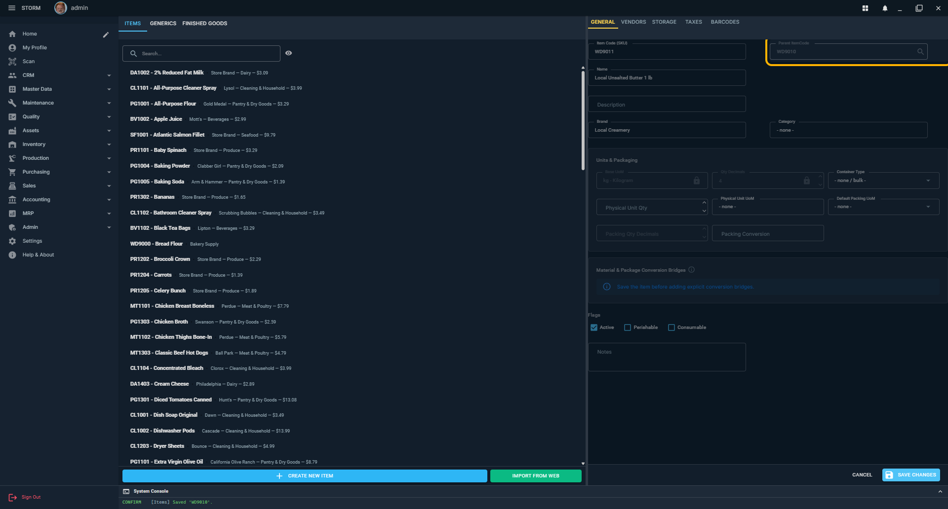 New physical item draft with Parent ItemCode highlighted