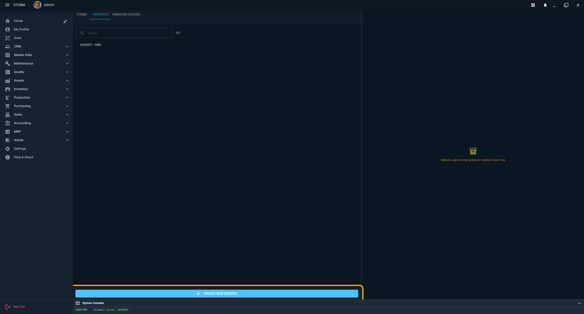 Items screen on the Generics tab with Create New Generic highlighted
