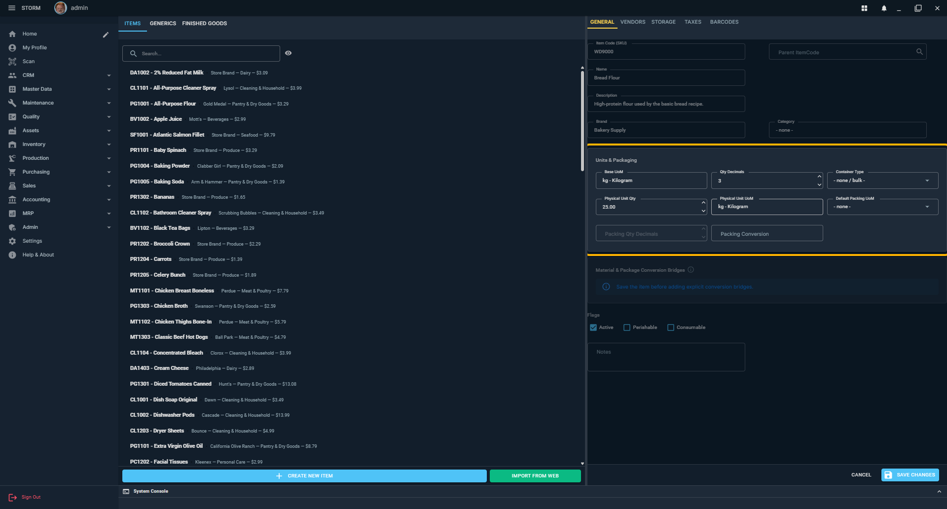 New item draft with the Units and Packaging section highlighted