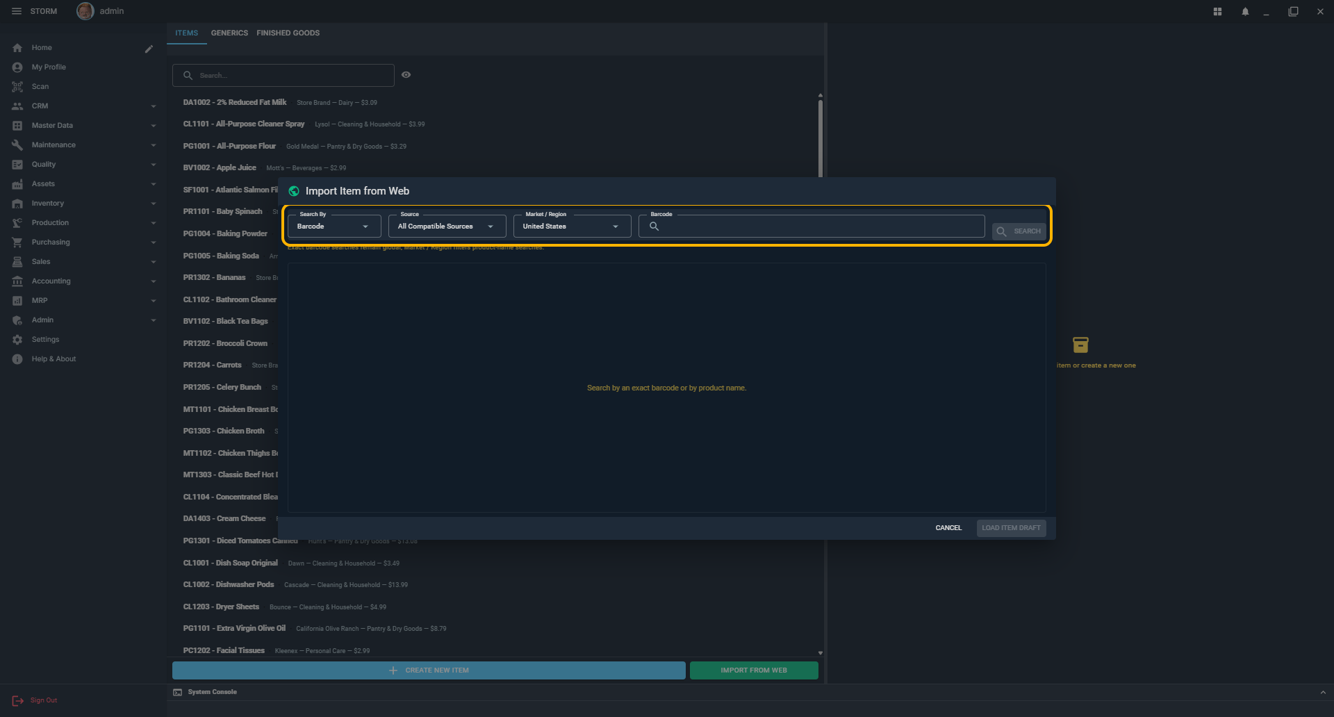 Import Item from Web dialog with its lookup controls highlighted