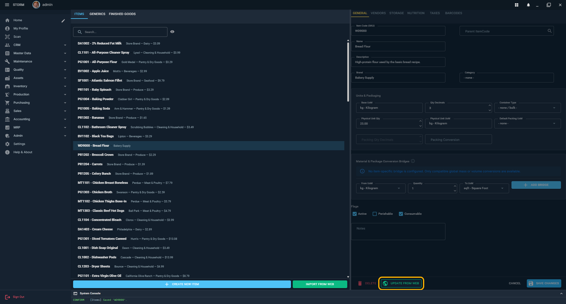 Existing item editor with Update from Web highlighted
