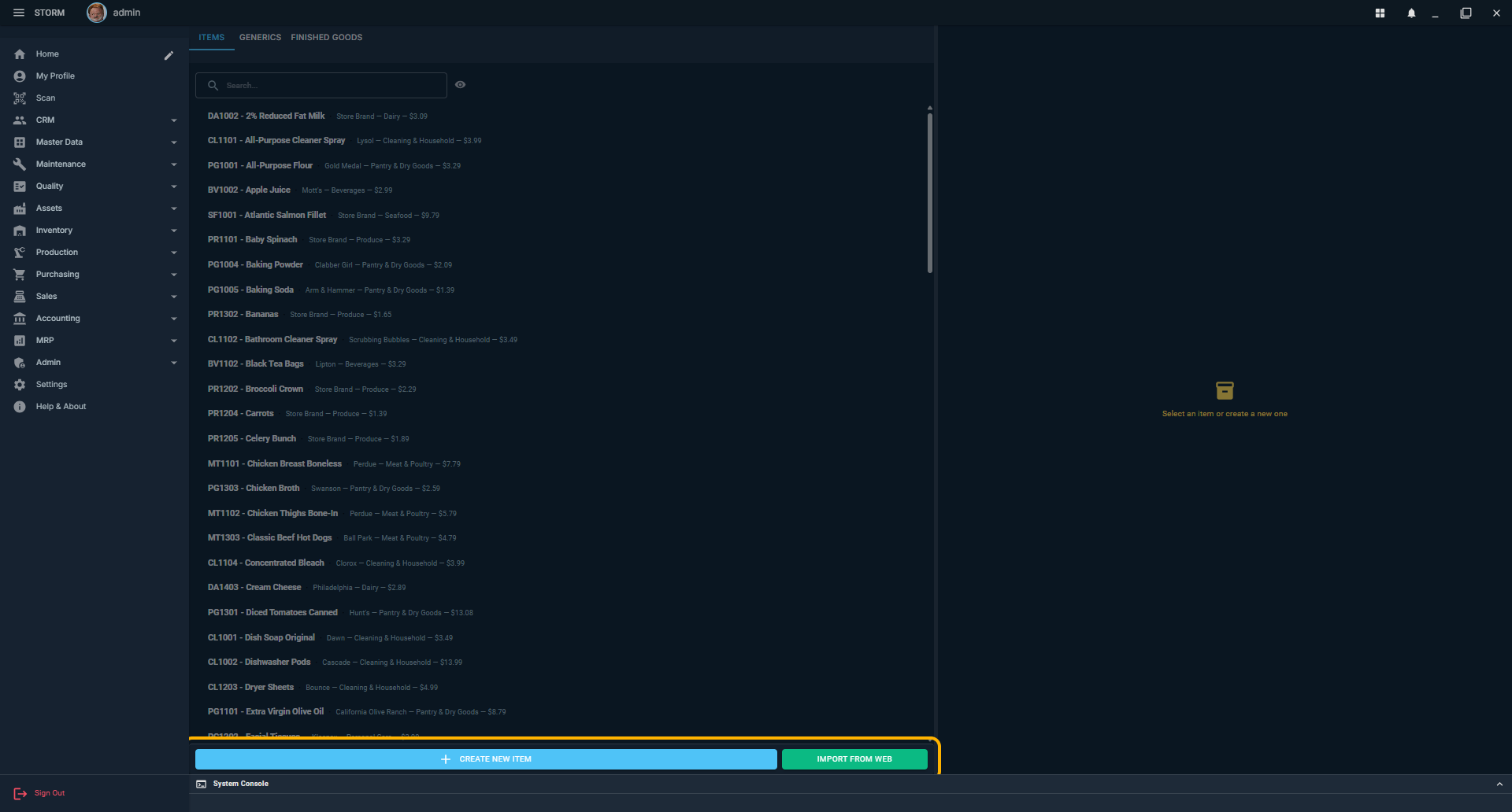 STORM Items screen with the Create New Item and Import from Web actions highlighted